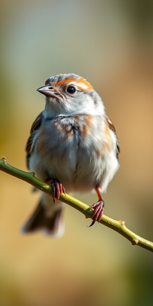 Capture a close-up of a small bird perched on a green branch with soft bokeh in the background, using a DSLR camera with a 85mm lens, aperture at f/2.8, ISO 200, shutter speed 1/500s, natural light, focus on the bird's eye.