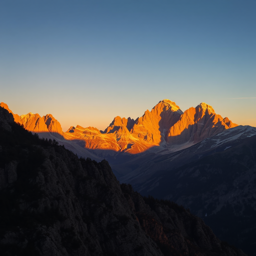 Generate a high-resolution image of dramatic mountain peaks at sunset with soft golden light casting shadows, captured with a Canon EOS R5, using a 24-70mm f/2.8 lens, aperture set to f/8, ISO 100, at a focal length of 35mm, with a wide-angle view to emphasize the grandeur of the landscape.