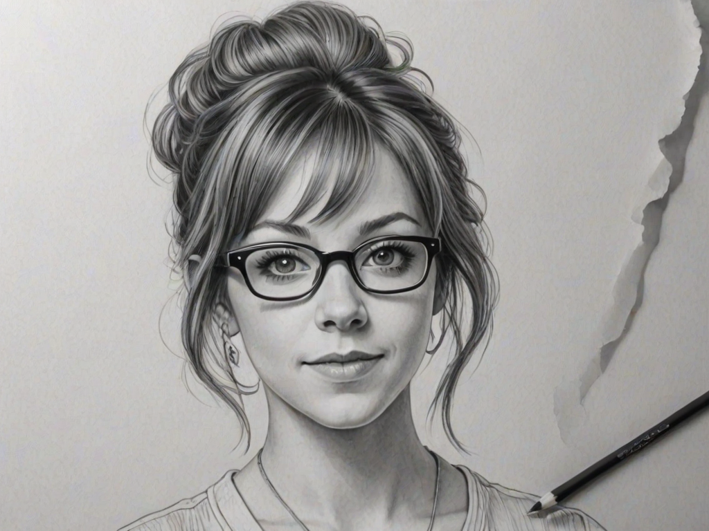 Splendid Lindsey Stirling, pencil sketch, portrait of Graceful woman 1957s in glasses, hair style beatnik, outline, clear lines, fine lines, 8k