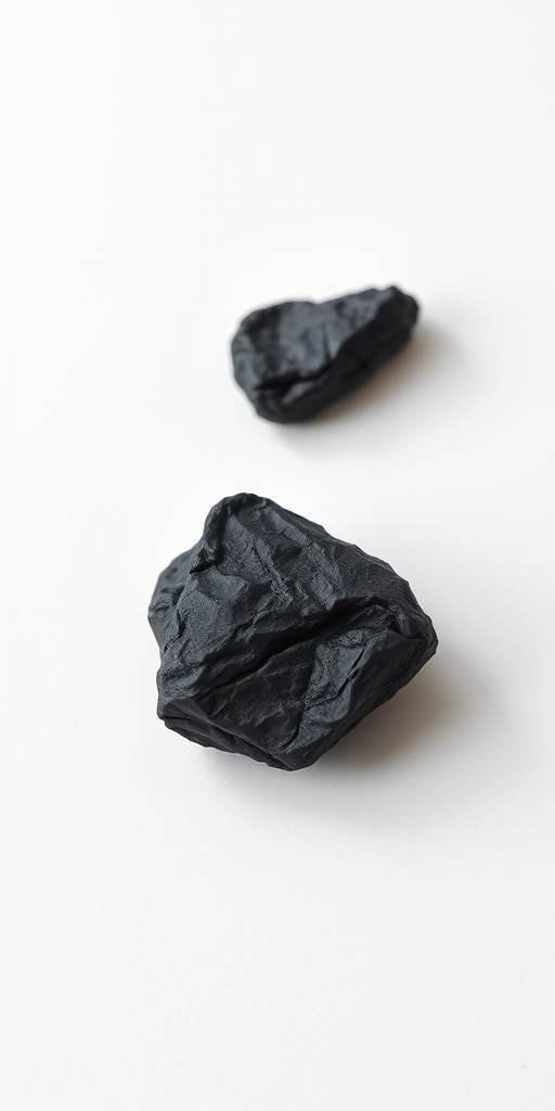Generate a high-resolution image of a piece of black charcoal on a white background, with soft natural lighting, macro lens, f/2.8 aperture, ISO 100, using a DSLR camera to highlight the texture and details of the surface.