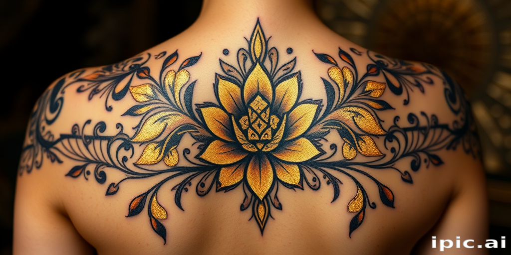 Elegant art deco tattoo titled "Golden Age Glamour" showcasing geometric patterns and stylized floral motifs in metallic gold and black ink, capturing the essence of 1920s sophistication on the back