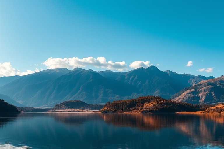 Create a high-quality image of a serene landscape with mountains in the background, a calm lake reflecting the scenery, soft clouds in a clear blue sky, photographed with a Canon EOS R5 using a 24-70mm f/2.8 lens at f/8, ISO 100, shutter speed 1/125 sec, in landscape orientation with vibrant colors and sharp details.