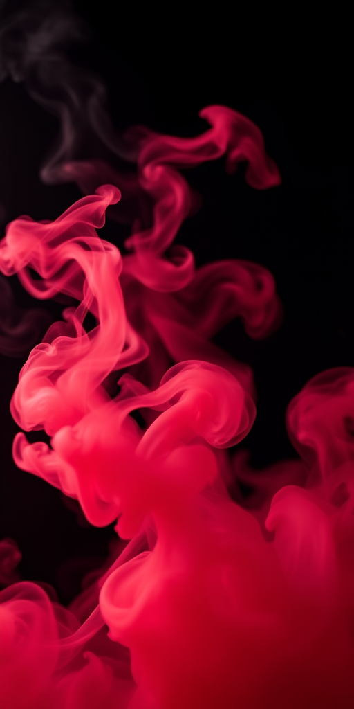 Create a vivid red smoke cloud on a black background, captured with a Canon EOS R5, 50mm lens, aperture f/1.8, ISO 100, at a high shutter speed of 1/2000s, using a low-angle view to emphasize the shape and density of the smoke.