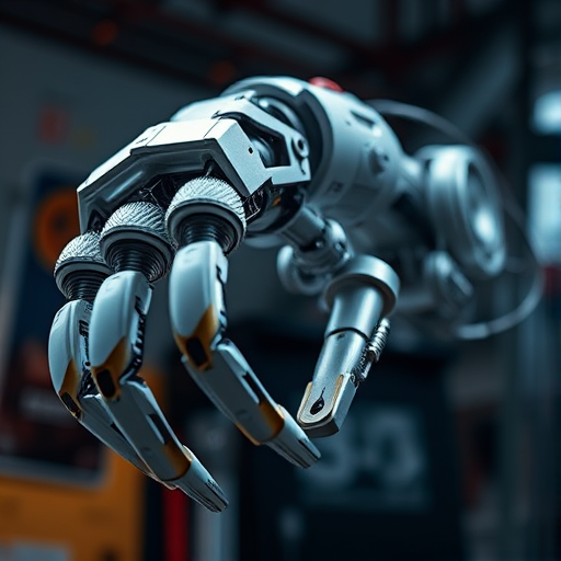 Create a highly detailed illustration of a robotic arm with intricate mechanical components, using a Canon EOS 5D Mark IV camera, f/8 aperture, 200mm lens, ISO 100, taken from a low-angle view to emphasize the height and complexity of the arm, utilizing a macro photography style to capture texture and precision.