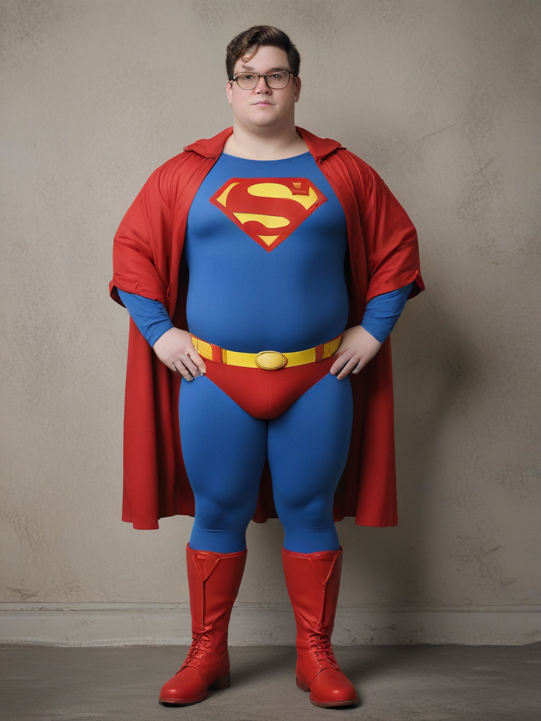 Realistic chubby college nerd guys, full body, realistic superman suit ...