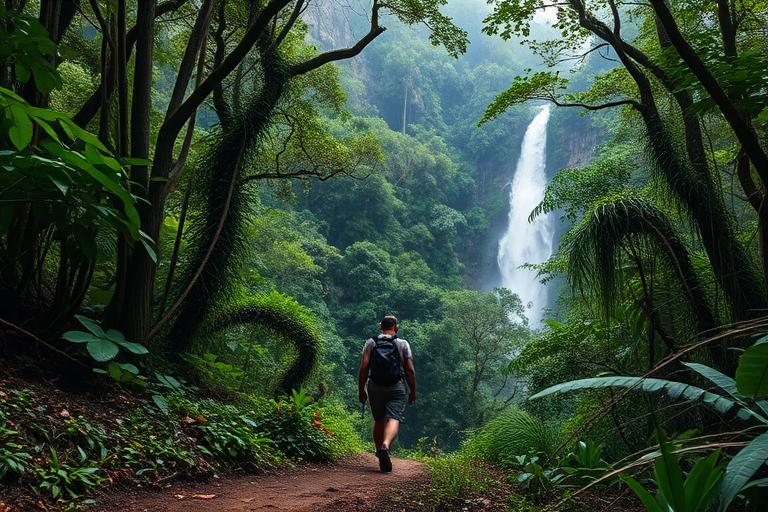 Lone hiker trekking through a dense jungle, surrounded by towering trees, thick vines, and the distant sound of a rushing waterfall.
