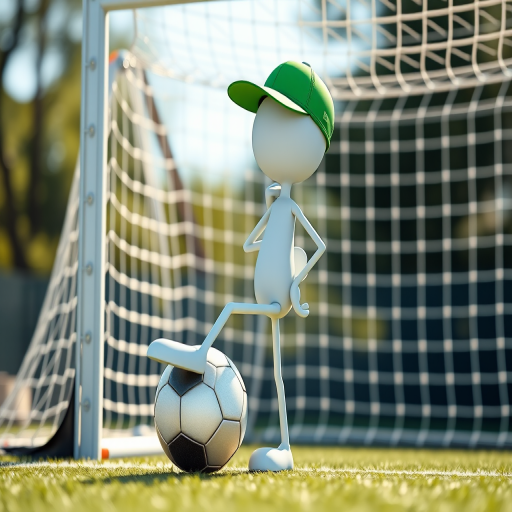 Create a high-resolution 3D rendering of a stick figure character with a green cap, casually leaning against a soccer goal while resting one foot on a soccer ball, with a DSLR camera using a 50mm lens at f/1.8, ISO 100, in bright daylight, and a shallow depth of field to emphasize the character.