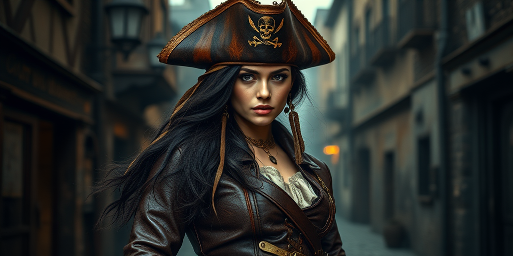 Create a portrait of a fierce female pirate. She wears a leather tricorn hat adorned with a skull and crossbones emblem, and her long, dark hair flows around her face. Her outfit consists of a richly detailed leather jacket, a corset, and multiple layers of belts and accessories, giving her a formidable and stylish appearance. She stands confidently in a dimly lit, historic port town, with a backdrop of weathered buildings and cobblestone streets, capturing the adventurous spirit of a pirate.