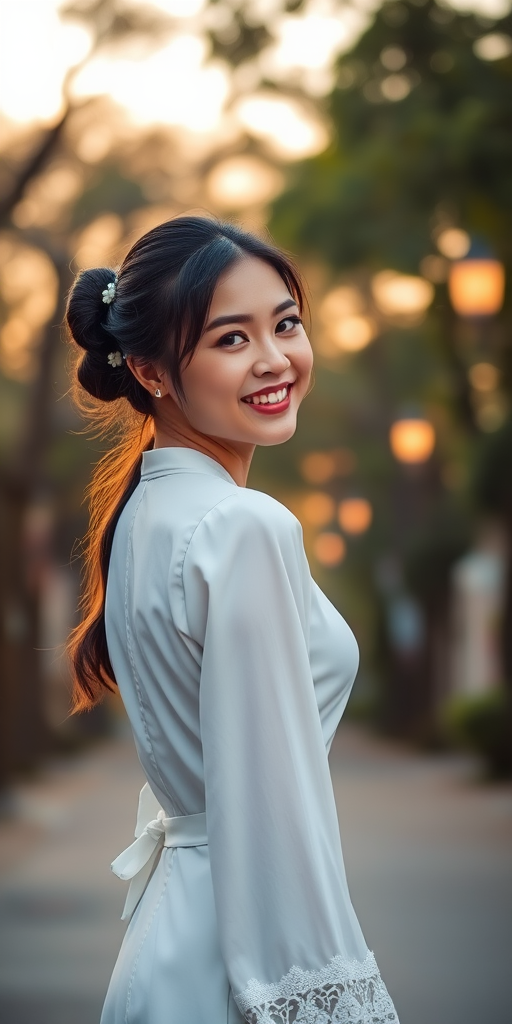 Create a portrait of a young woman in a traditional white dress smiling and looking over her shoulder on a tree-lined street during the golden hour, using a Canon EOS R5 with a 50mm f/1.2 lens at ISO 100, aperture f/1.8, shutter speed 1/200s; focus on soft background blur to enhance subject prominence.