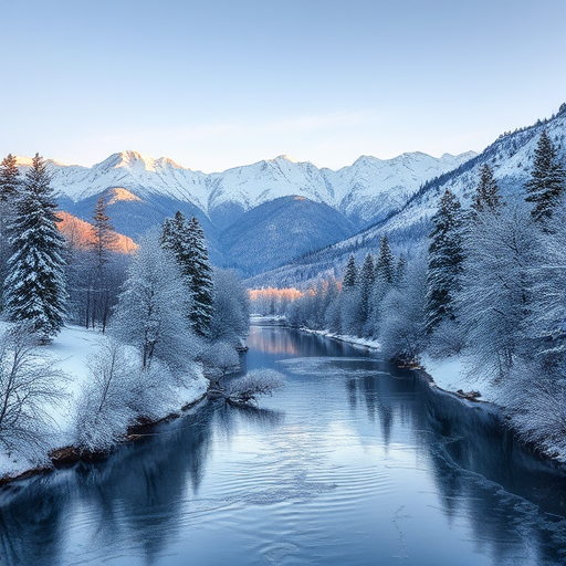 capture a winter landscape with snow-covered mountains in the background, a tranquil river reflecting the scenery, soft morning light illuminating the trees, use a DSLR camera with a wide-angle lens, aperture f/11, ISO 100, shutter speed 1/125s, enhance color saturation and sharpness for a vivid effect