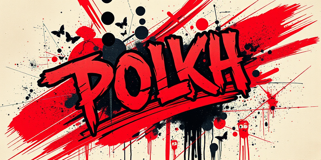 Edgy trash polka tattoo combining abstract brushstrokes, bold typography, and photorealistic elements, chaotic composition with striking red and black color palette, raw and expressive artistic style