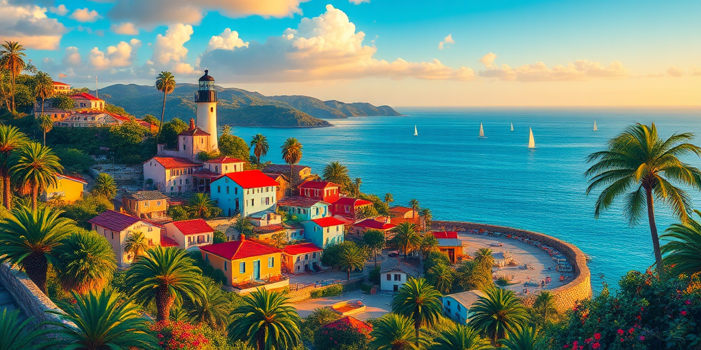Create a vibrant digital illustration of a coastal village with colorful houses and a lighthouse, surrounded by lush greenery and palm trees, overlooking a serene blue sea with sailboats, captured using a Canon EOS R5, 24mm lens, f/8 aperture, golden hour lighting, high dynamic range.
