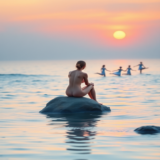 Create a serene watercolor painting of a nude figure seated on a rock by the water's edge at sunset, with soft pastel colors, gentle ripples in the water, and ethereal forms of dancers in the background, captured in a Canon EOS 5D Mark IV with an aperture of f/4, ISO 100, and a 50mm lens to enhance depth of field and clarity.