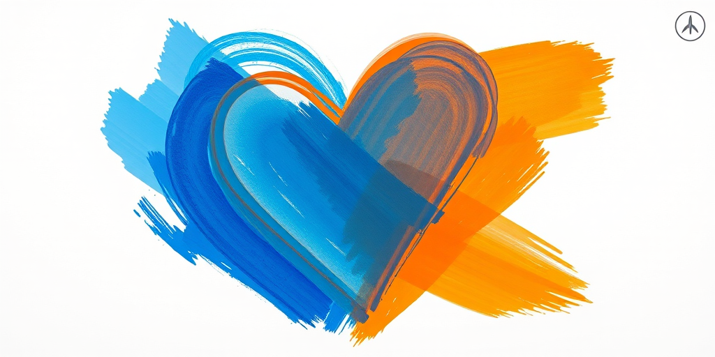 Create a colorful heart illustration combining blue and orange brush strokes on a white background, using a high-resolution digital camera, 50mm lens, f/2.8 aperture, natural lighting, and a soft focus effect.