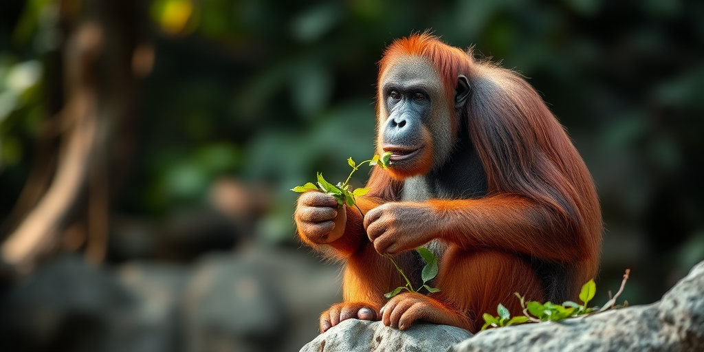 Orangutan sitting on a rock eating leaves, shallow depth of field, natural light, Canon EOS R5, 85mm f/1.2, ISO 200, f/2.8, 1/200s, soft bokeh background, wildlife photography style