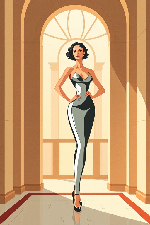 Create an art deco inspired illustration of a graceful female figure standing confidently in an architectural setting with geometric patterns, using a high-resolution digital camera with a focal length of 50mm, aperture set to f/4, ISO 100, in a symmetrical composition and vibrant color palette to emphasize sharp lines and elegance.