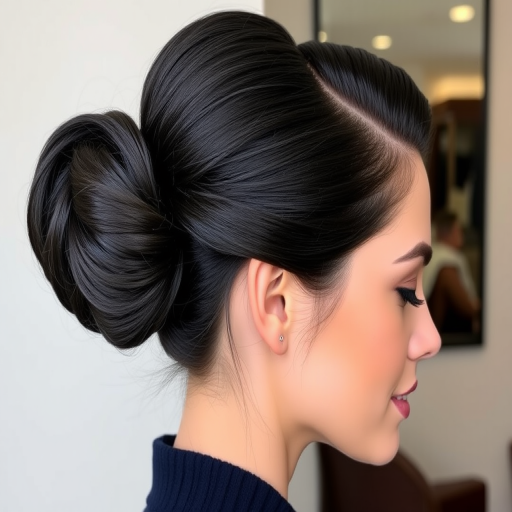 Sophisticated hair style featuring a smooth french twist updo with a deep side part in a glossy jet black shade