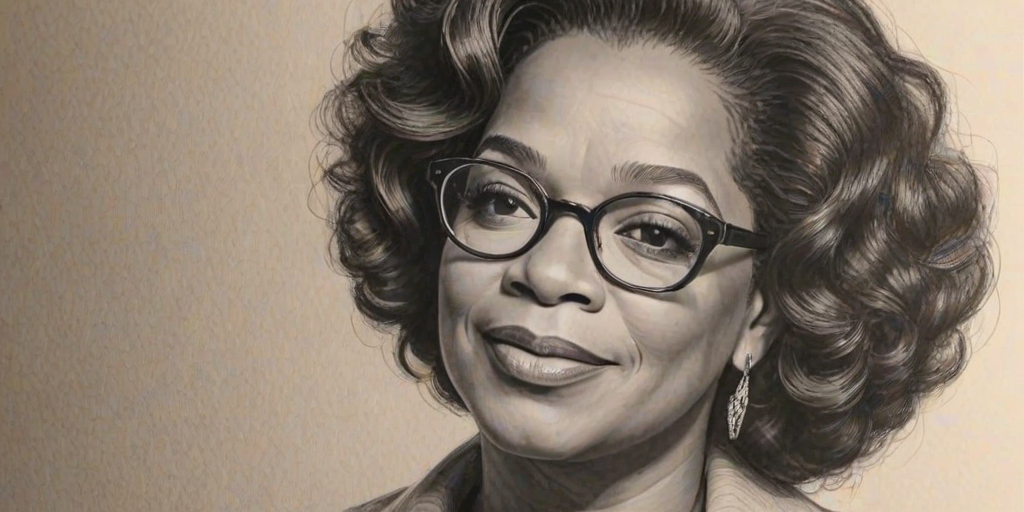 Alluring Oprah Winfrey, pencil sketch, portrait of Charming woman 1926s in glasses, hair style beatnik, outline, clear lines, fine lines, 8k