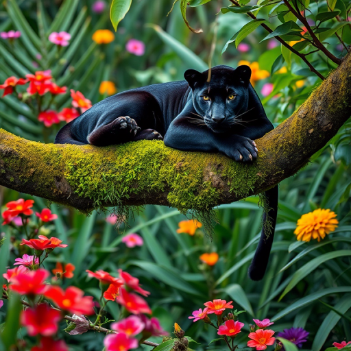 Regenerate an image of a black panther lounging on a moss-covered branch in a vibrant jungle filled with colorful flowers and lush green foliage, captured with a Canon EOS R5, 50mm lens, f/1.8 aperture, ISO 200, 1/100s shutter speed, natural light, with a shallow depth of field to enhance detail and focus on the panther.
