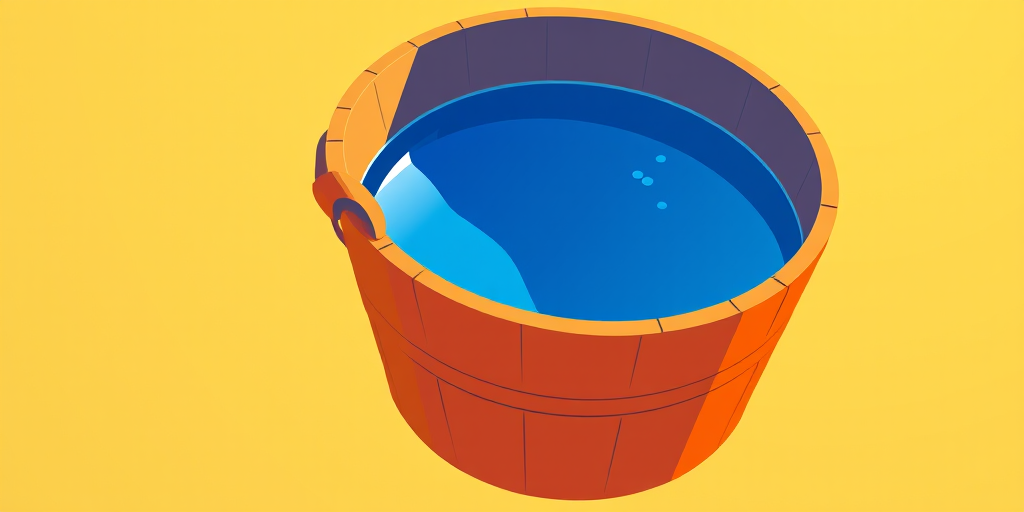 Create a high-resolution illustration of a round bucket filled with blue water, emphasizing a smooth gradient from orange to yellow, with a simple wooden handle, using a DSLR camera with a 50mm lens, f/1.8 aperture, ISO 100, and a shallow depth of field to enhance color vibrancy and detail.