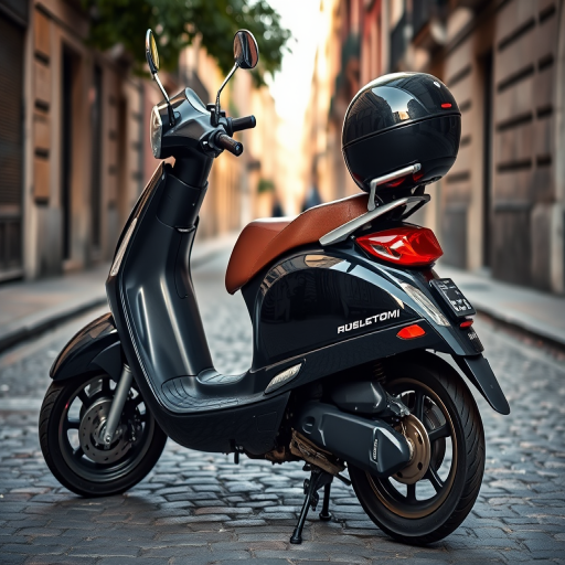 Regenerate the image of a sleek black scooter with a brown seat parked on a cobblestone street, shot at f/2.8 aperture, ISO 100, 50mm lens, shallow depth of field, low angle view, natural lighting, using a DSLR camera.