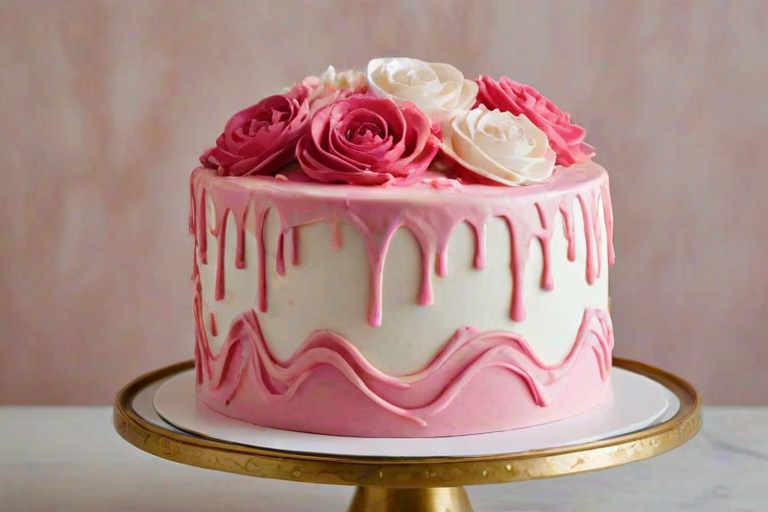 Create an image of a round cake with an artistic design featuring vibrant shades of pink and white frosting. The cake should be displayed on a vintage gold cake stand. The background should be simple and elegant to highlight the cake's colorful pattern.