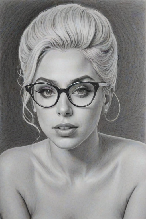Enticing Lady Gaga, pencil sketch, portrait of Comely woman 1948s in glasses, hair style beatnik, outline, clear lines, fine lines, 8k