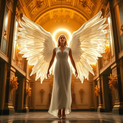 Generate an ethereal angelic figure with large, luminous wings and a radiant halo, standing in a grand, ornate hall with soft golden lighting, 50mm lens, f/1.8 aperture, ISO 100, low angle view for dramatic effect, photorealistic style, high dynamic range.