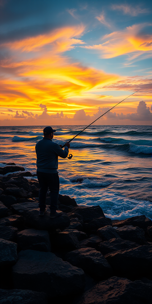 A fisherman casting lines from rocky shore at sunset, vibrant sky with clouds, ocean waves softly crashing, captured using a Canon EOS R5 with 24-70mm f/2.8 lens, aperture f/9, shutter speed 1/200 sec, ISO 200, wide-angle view for depth of field and clarity.