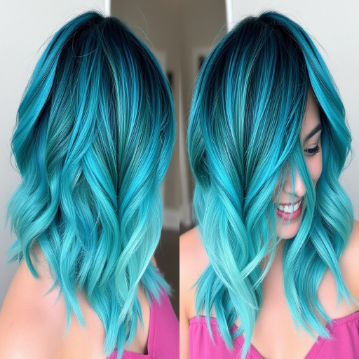 Vibrant teal to turquoise color melt style called "Ocean Reverie" with medium-length choppy layers, multi-dimensional aquatic hues blending seamlessly, textured beachy waves, face-framing pieces in lightest shade