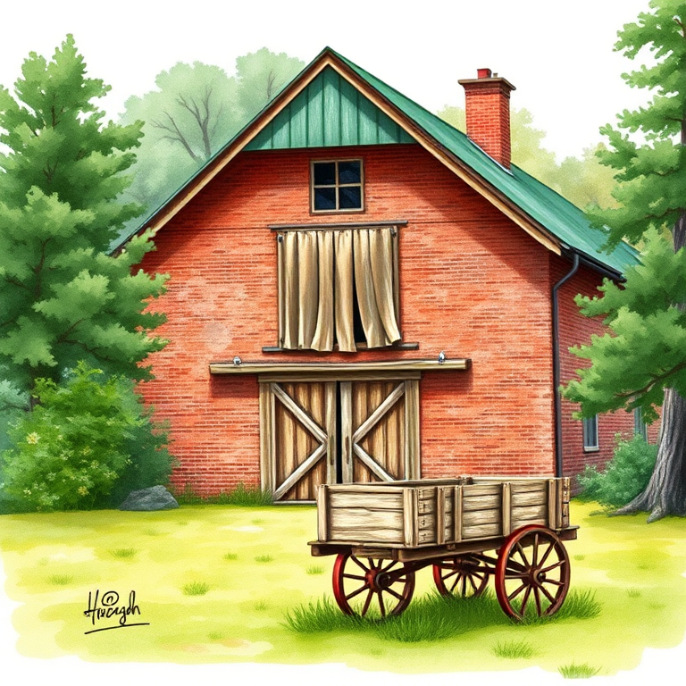 High-resolution watercolor-style illustration of a rustic brick barn with a green roof surrounded by trees, a wooden cart in the foreground, soft focus, taken with a DSLR camera, aperture f/8, shutter speed 1/100s, ISO 200, daylight, natural lighting.