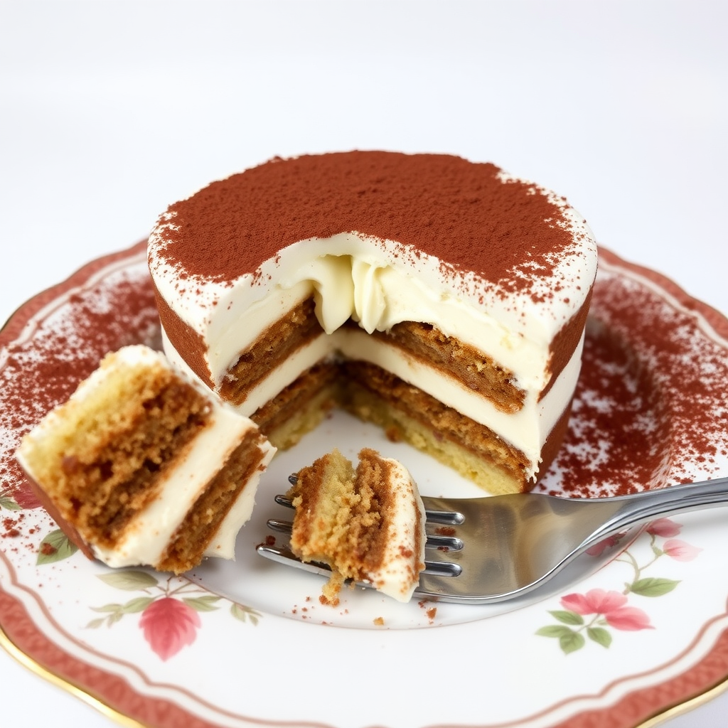 Create an image of a delicious layered dessert with a creamy texture and a dusting of cocoa powder on top. The dessert should be served on a decorative plate with a fork beside it. Include a partially eaten slice to showcase the layers of cake and cream inside. The background should be simple and neutral to emphasize the dessert.