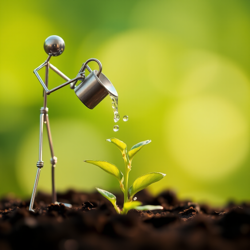 A metal figurine of a person, constructed from thin, silver rods, stands on the left side of the image, facing the viewer. The figurine is holding a small watering can and pouring water onto a young plant, with a few droplets in the air. The plant, with lush green leaves, is situated in the center, growing from dark soil. The background is a soft, out-of-focus blur of green, illuminated by warm, natural light.  The composition creates a sense of depth and intimacy. The image evokes feelings of growth, nurture, and hope.