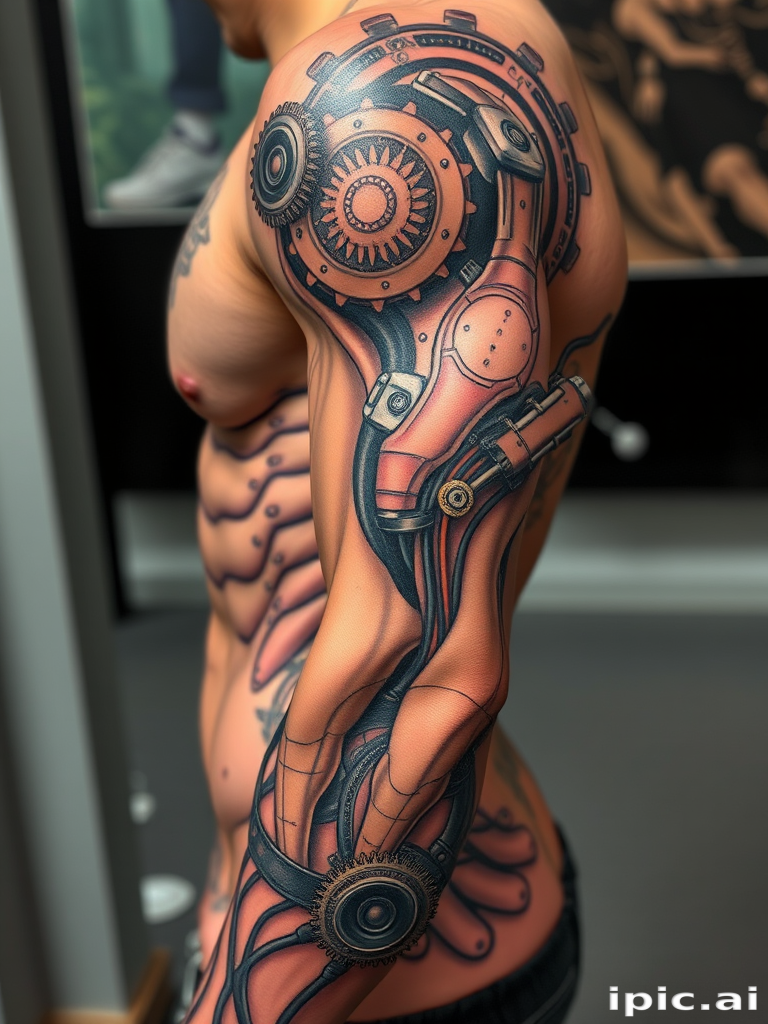 Biomechanical tattoo called "Cybernetic Fusion" depicting a seamless integration of human anatomy and mechanical components, with exposed gears, pistons, and circuitry merging with muscles and tendons in a futuristic and surreal design