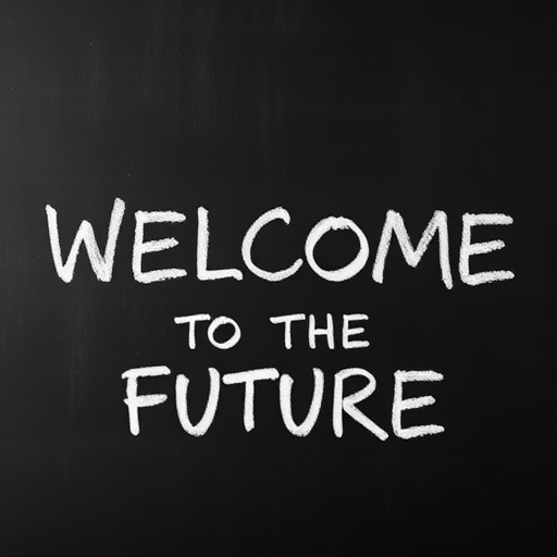 Create an image of the phrase "WELCOME TO THE FUTURE" written in white chalk on a black chalkboard with a shallow depth of field, 50mm lens, f/1.8 aperture, ISO 100, and a slight vignette effect to enhance focus on the text.