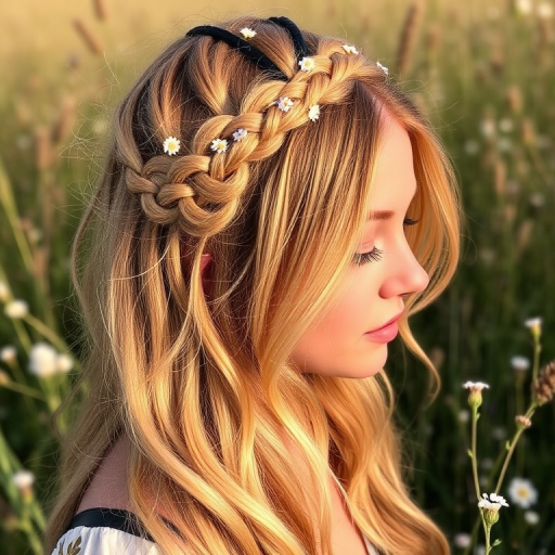 Sun-kissed honey blonde braided crown transitioning into loose bohemian waves adorned with tiny wildflowers, capturing free-spirited charm named Meadow Whisper