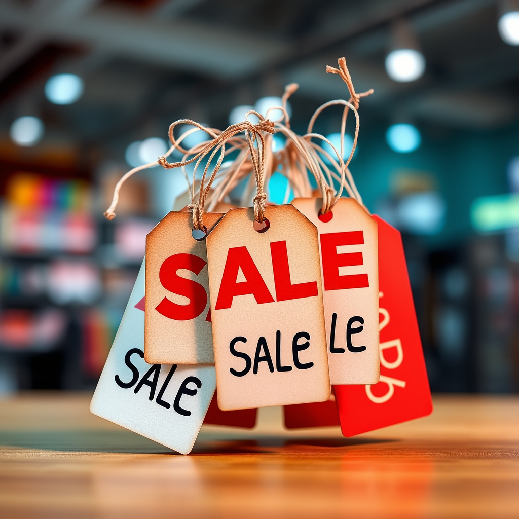 Create an image of sale tags displayed in a dynamic arrangement, using a 50mm lens, f/2.8 aperture, ISO 100, with a shallow depth of field and a vibrant background, captured using a DSLR camera in a studio setting.