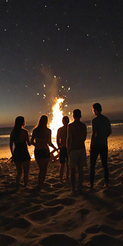 Blurry night shot, beach bonfire with a group of friends gathered around, laughter frozen in time, flames casting warm light on their faces, ocean waves barely visible in the background, surfboards stuck in the sand, someone holding a guitar, stars twinkling faintly in the clear sky.