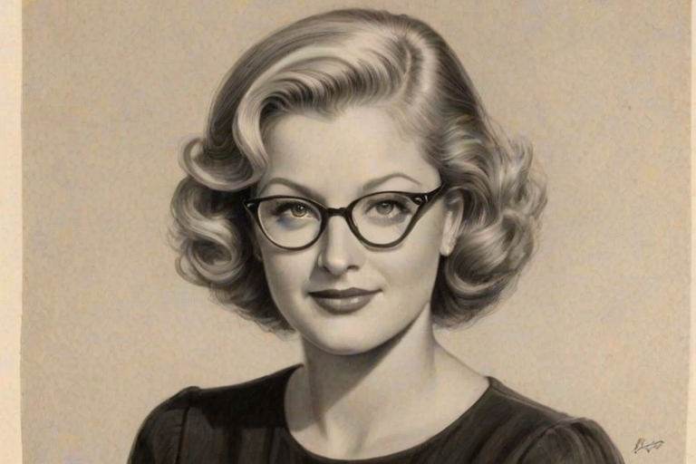 Alluring Mary Hart, pencil sketch, portrait of Comely woman 1930s in glasses, hair style beatnik, outline, clear lines, fine lines, 8k