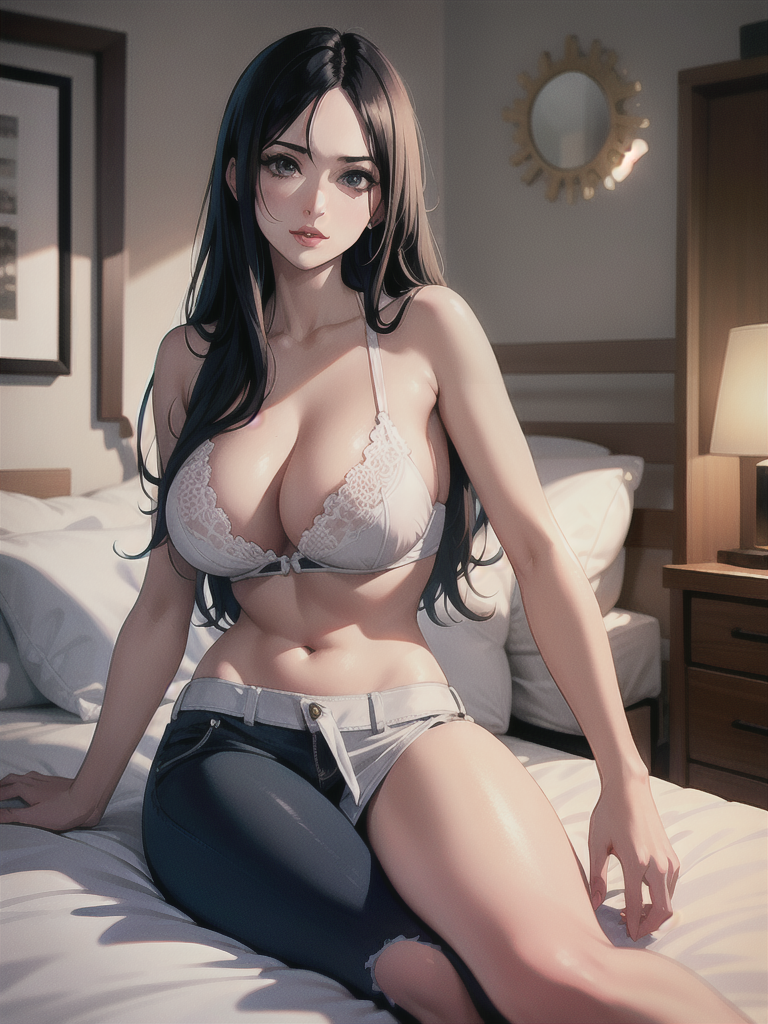 one piece anime nico robin taking off her bra laying on bed face down legs spread
