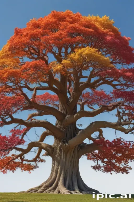 A Majestic Autumn Tree Displaying Vibrant Red and Orange Leaves Against ...