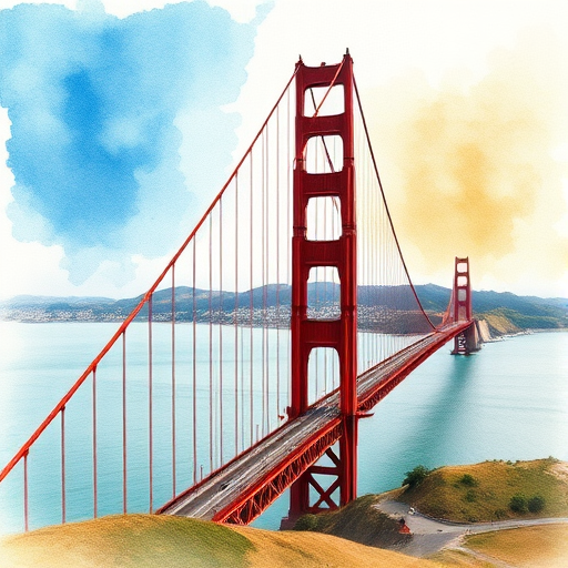 generate a high-resolution watercolor image of the Golden Gate Bridge from an elevated view, capturing the intricate details of the bridge and surrounding landscape, using a DSLR camera with a 50mm lens, aperture f/8, shutter speed 1/250s, and ISO 100 to enhance image quality.