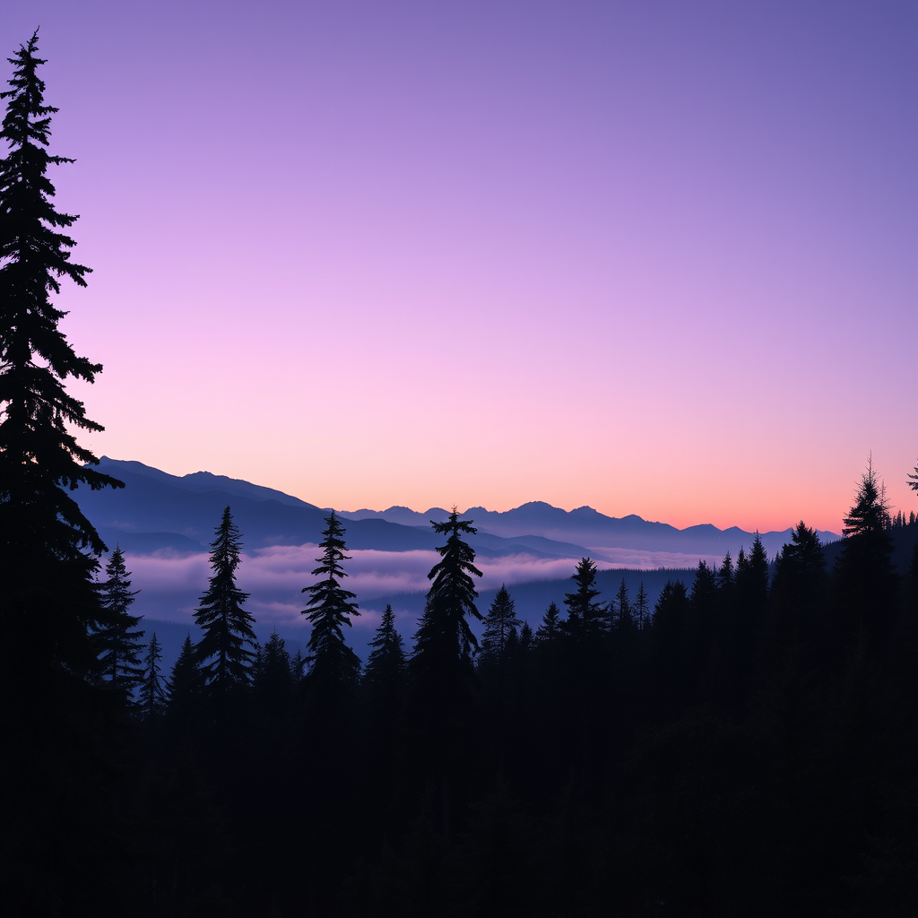 Generate a serene forest landscape at dusk with layered silhouettes of tall evergreen trees, misty mountains in the background, soft gradient sky transitioning from light purple to dark blue, captured with a DSLR camera, 50mm lens, f/11 aperture, ISO 100, panoramic view, and HDR photography style to enhance image quality.