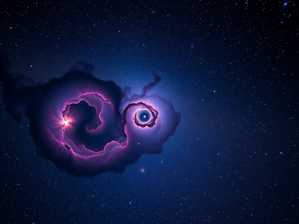 Create a vivid cosmic scene featuring swirling nebulae and bright star clusters in a deep space setting, captured with a Canon EOS R5, using a 24mm lens at f/2.8, ISO 800, long exposure of 30 seconds, high dynamic range processing for enhanced detail and color saturation.