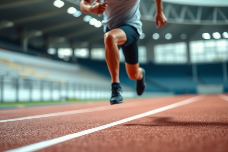 dynamic action shot of an athlete sprinting on a track with a blurred background emphasizing speed, ISO 200, f/2.8, 1/1000s, 85mm lens, low angle view, high-speed photography, DSLR