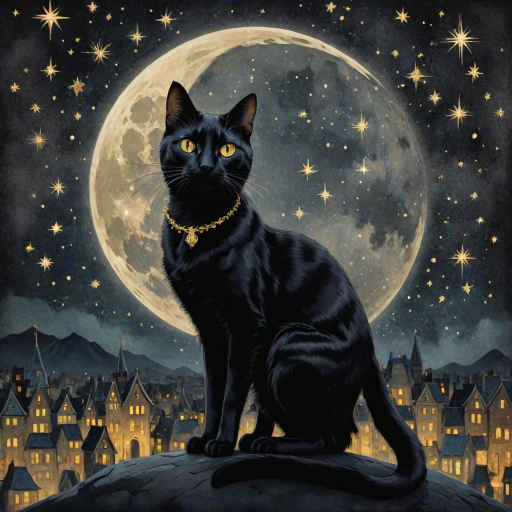 a stylized black cat with iridescent golden arabesques all over its body, on a grungy smoky black background with matching celestial designs, a full moon with silhouettes of lit houses, bright shooting stars, dazzling, magical BG, reminiscent of Christmas wonderland
