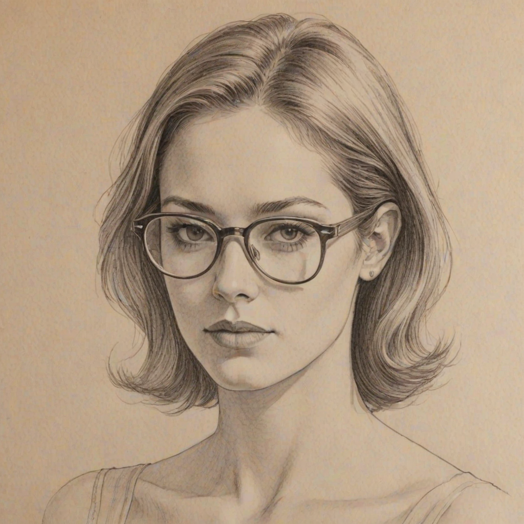 Fascinating Dominique Fishback, pencil sketch, portrait of Beauteous woman 1975s in glasses, hair style beatnik, outline, clear lines, fine lines, 8k