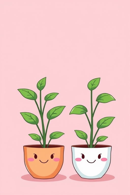Create a cartoon-style illustration of two cute potted plants with smiling faces on a soft pink background, with a Canon EOS 5D Mark IV camera, aperture f/4, ISO 100, focal length 50mm, shot from a straight-on view to enhance sharpness and detail.