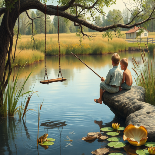 Imagine a small group of old fashioned young boys out fishing by the creek, a swing hanging from a tree branch, reeds and grasses by the water's edge, a frog sitting on a lily pad, dragonflies hovering over som water plans, a very iconic old fashioned scene reminiscent of a Norman Rockwell painting style