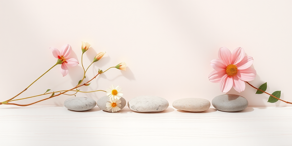 Generate a minimalist floral and stone composition with soft pastel colors, featuring stylized flowers and smooth stones arranged neatly behind delicate lines, in a bright, well-lit setting, using a DSLR camera, 50mm lens, f/1.8 aperture, ISO 200, and soft natural light to enhance details and colors.